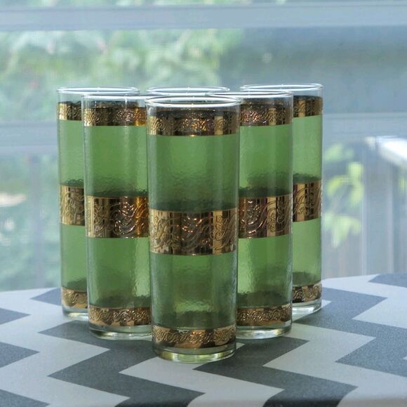 6 VTG 50s 60s MCM Culver Starlyte Glasses Green 22K Gold Filigree Tumblers VGUC - Picture 1 of 8